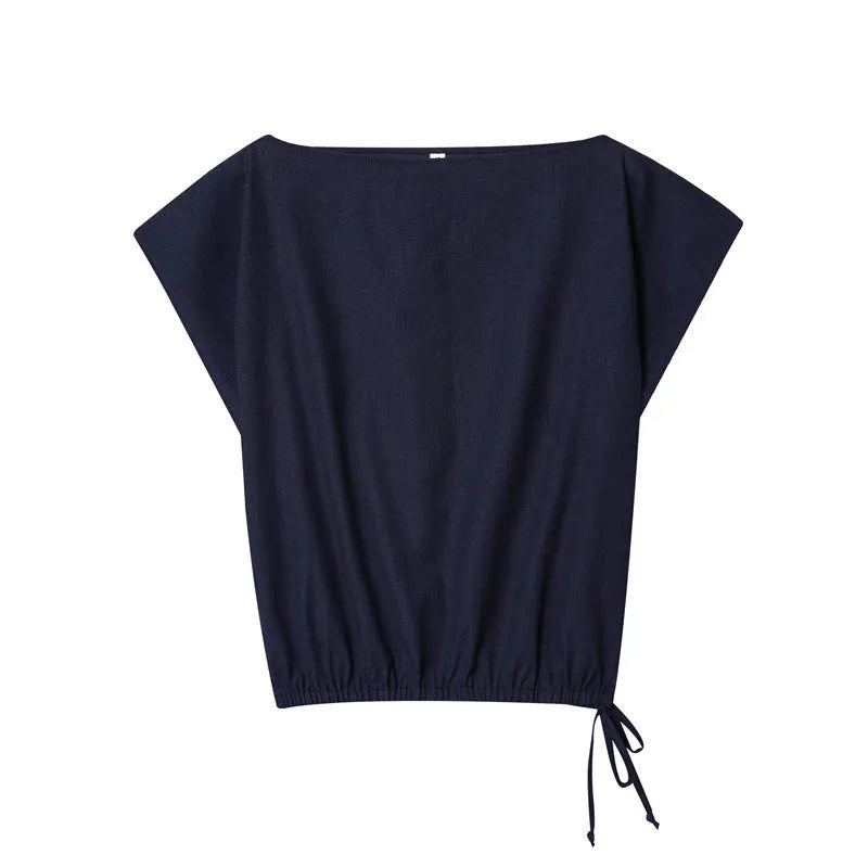 Women's linen-blend two-piece clothing set with a flounce-sleeve top and wide-leg trousers.