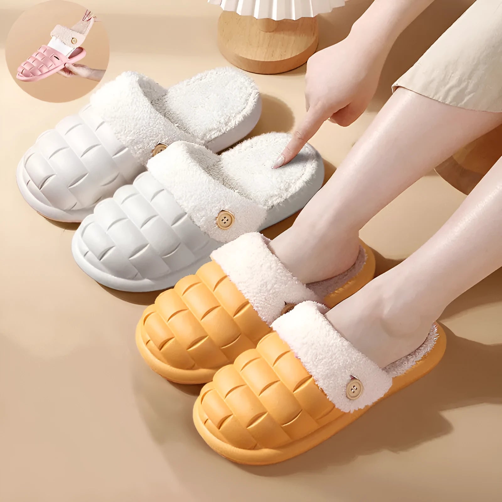 Women's pink detachable plush EVA winter house slippers with non-slip sole shown from the side.