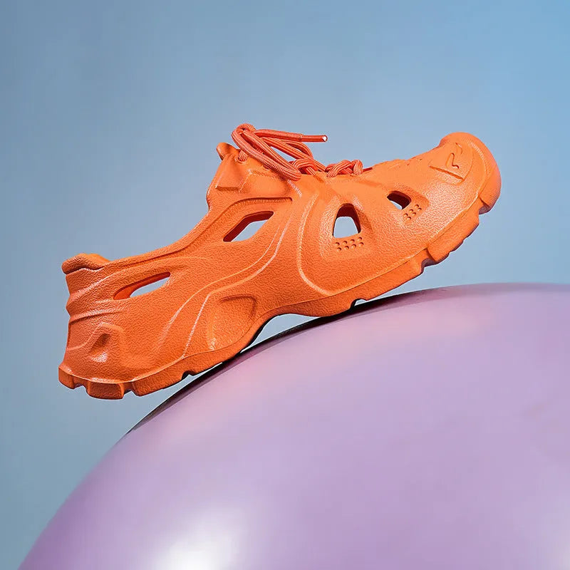 Unisex EVA sandals with thick sole in fluorescent green, orange red, and rose red colours