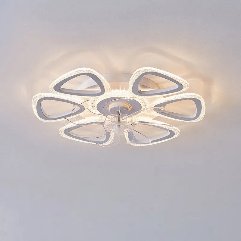 Modern white ceiling fan light with six-blade design and integrated light fitting on a room ceiling.