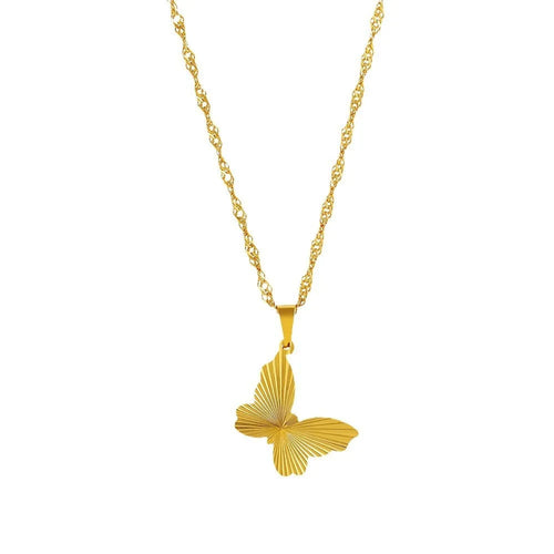18K gold plated necklace with water wave chain and a choice of heart, bow, round, or square butterfly pendant.