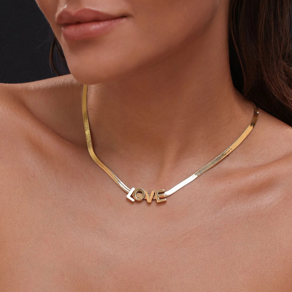 Titanium steel necklace with electroplated gold letter pendant on 40cm chain