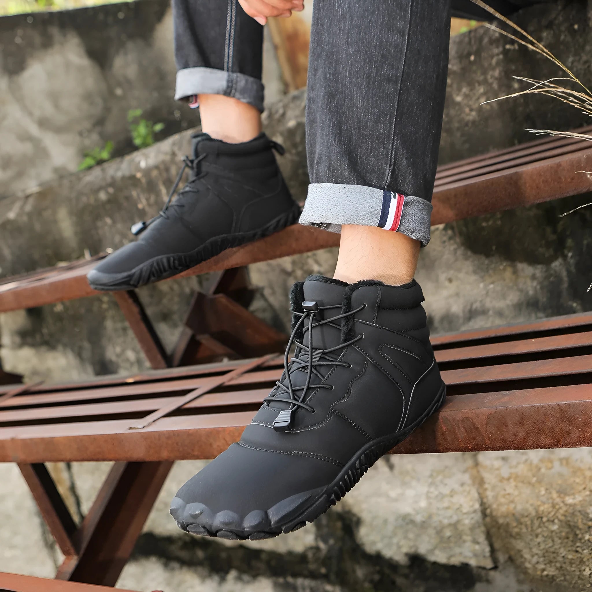 Five-finger waterproof fleece-lined hiking boots in beige, grey, black, or wine red with a rubber sole.