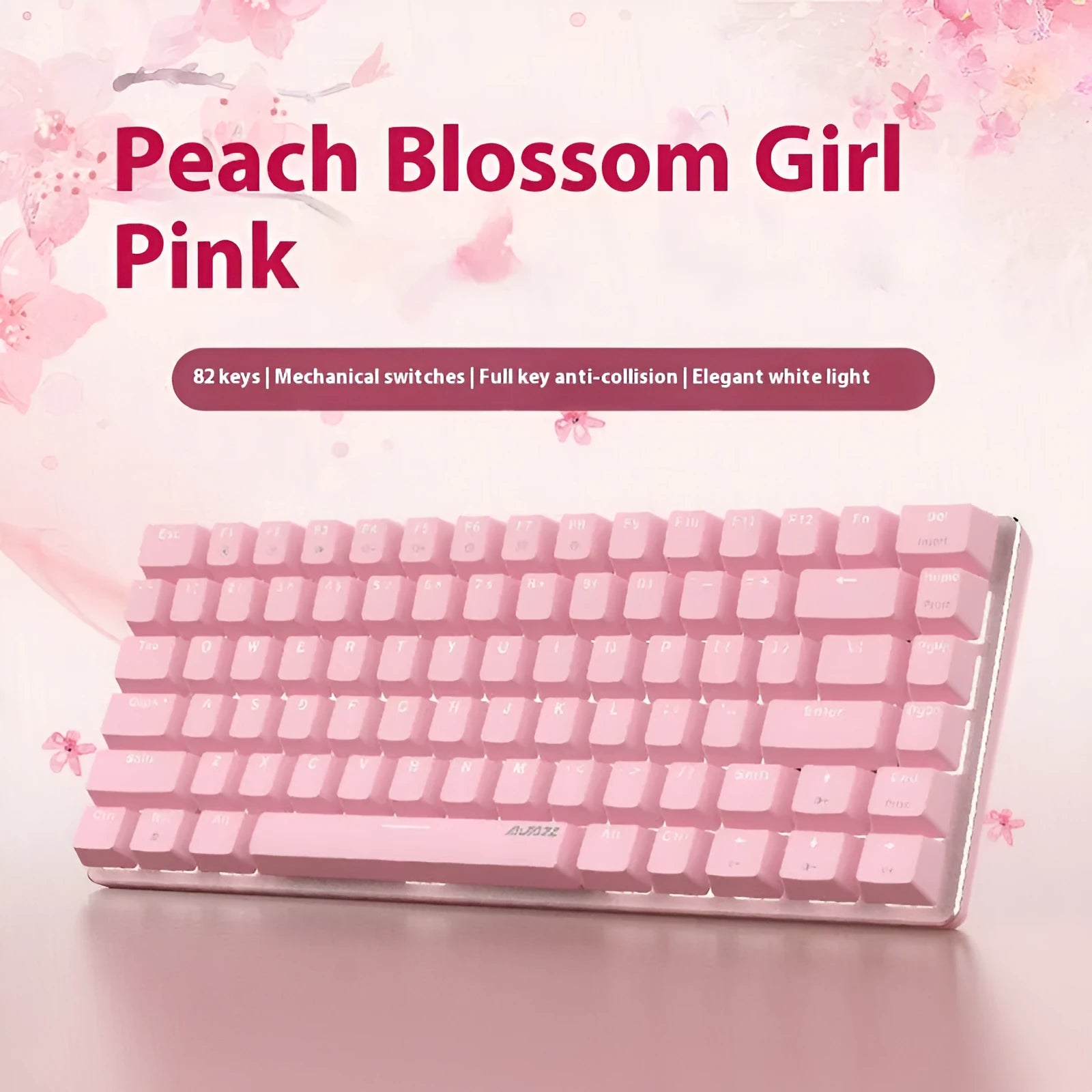 Pink 82-key mechanical keyboard with white backlighting and metal construction for laptop use