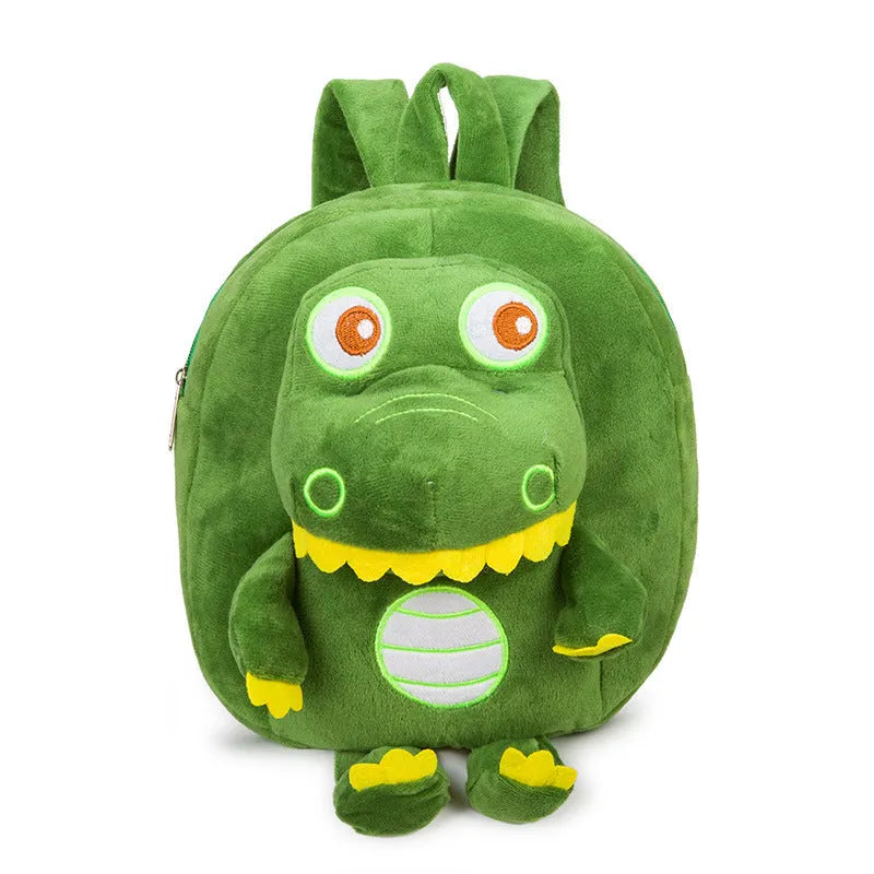 Baby dinosaur plush toy backpack with embroidery design in blue colour showing soft handle and animal pattern