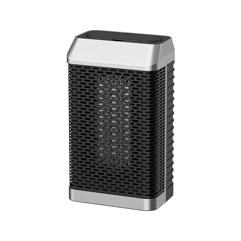 Black remote control desktop warm air heater with compact design and oscillating grille.