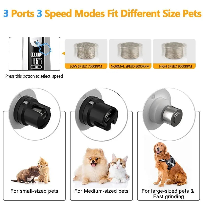 3-speed LED electric nail grinder for dogs with dust collection system and digital display.
