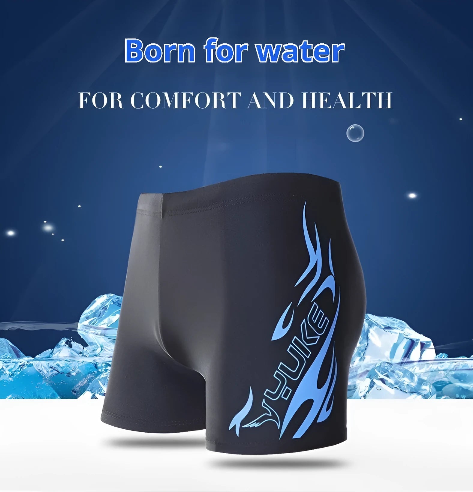Men's plus size swim trunks with flame pattern and matching swimming cap on a black background.