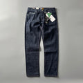 Man wearing blue straight leg denim jeans with a mid waist, showcasing the classic five-pocket retro design.