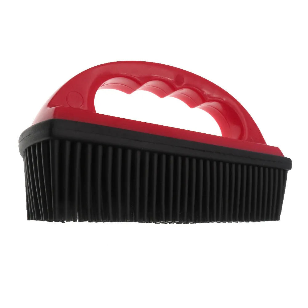 Red pet hair removal brush for bath massage and carpet cleaning, dimensions 160mm by 85mm