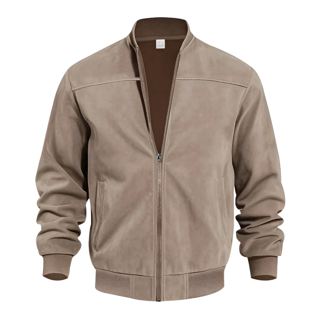 Men's casual plus size suede-effect zip jacket in Army Green colour on a hanger.