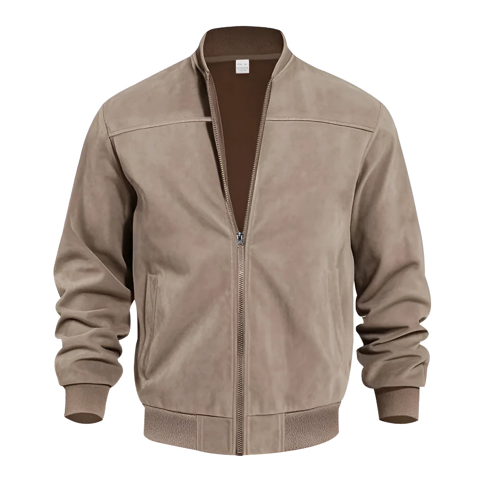 Men's casual plus size suede-effect zip jacket in Army Green colour on a hanger.