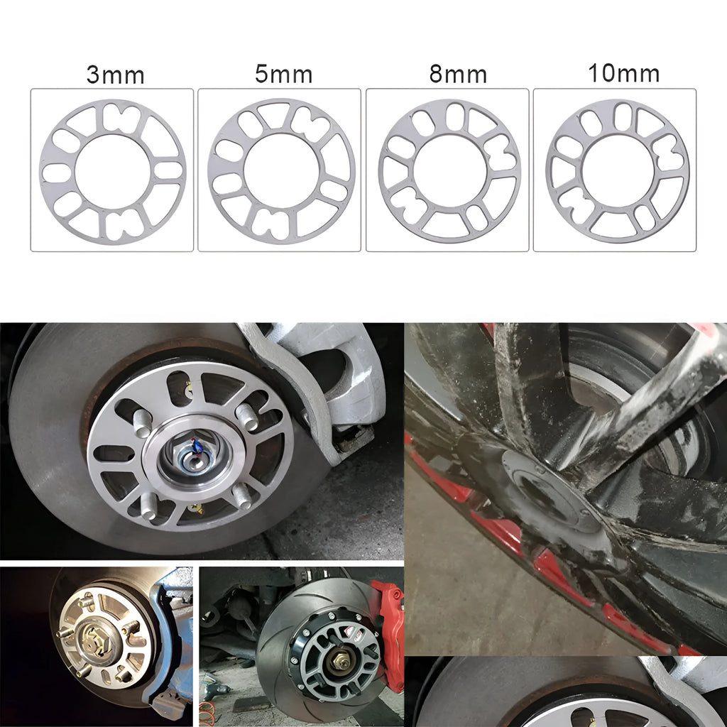 Set of four metal wheel hub widening gaskets in 3mm, 5mm, 8mm, and 10mm thicknesses for automotive modification.