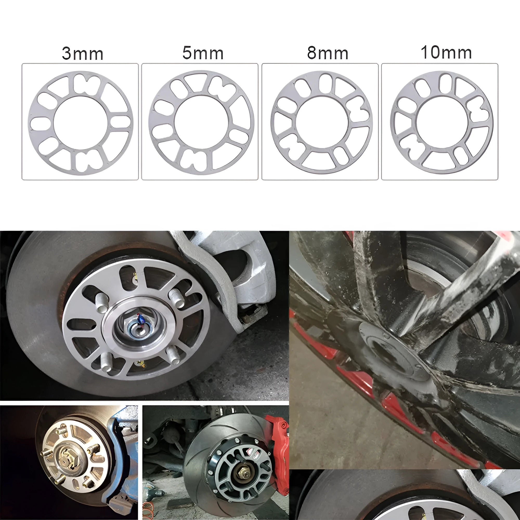 Set of four metal wheel hub widening gaskets in 3mm, 5mm, 8mm, and 10mm thicknesses for automotive modification.