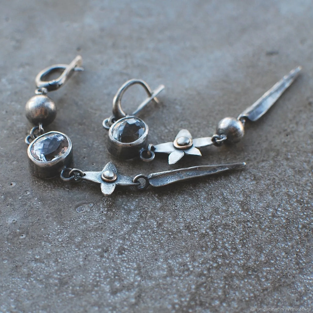 Hesheng geometric antique silver-plated long pendant earrings with XINGX rhinestone design
