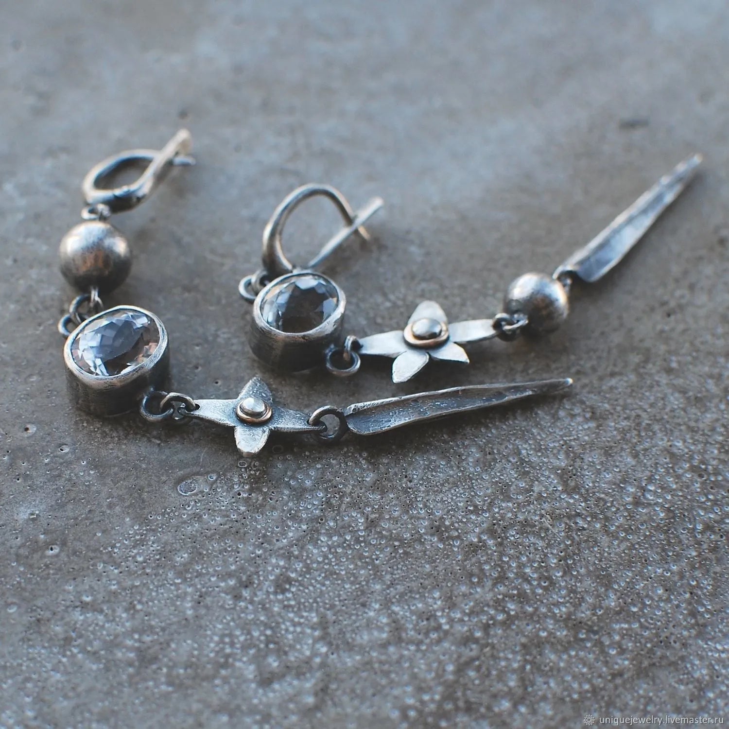Hesheng geometric antique silver-plated long pendant earrings with XINGX rhinestone design