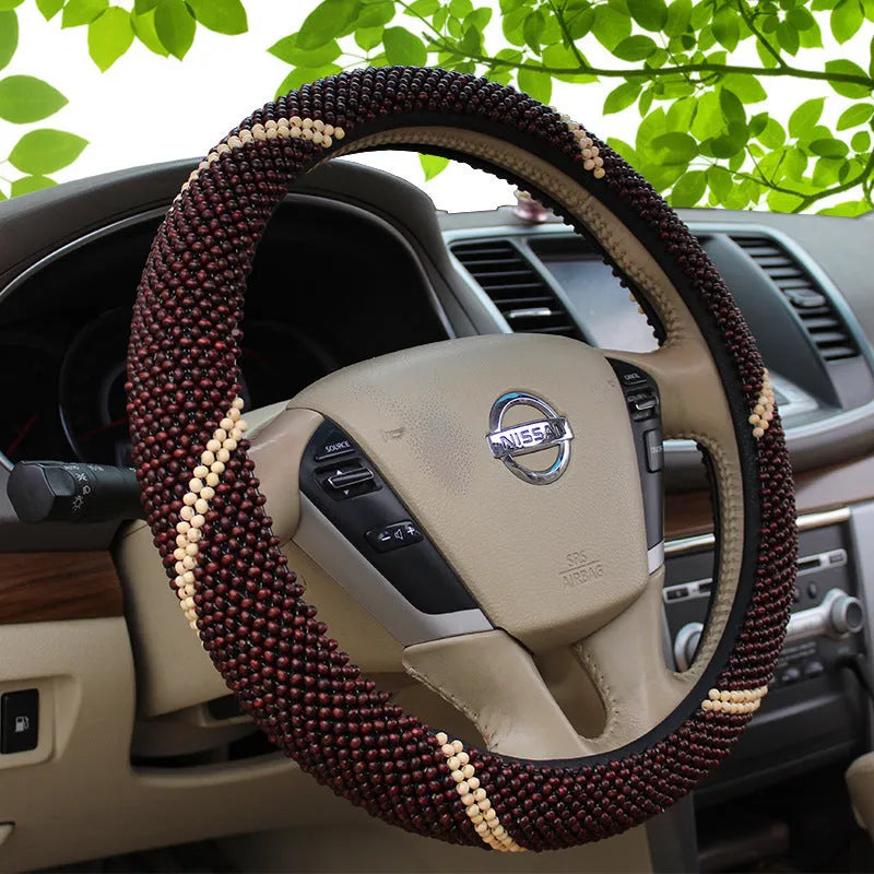Breathable steering wheel cover with wooden bead grip in multiple colour options for most vehicles