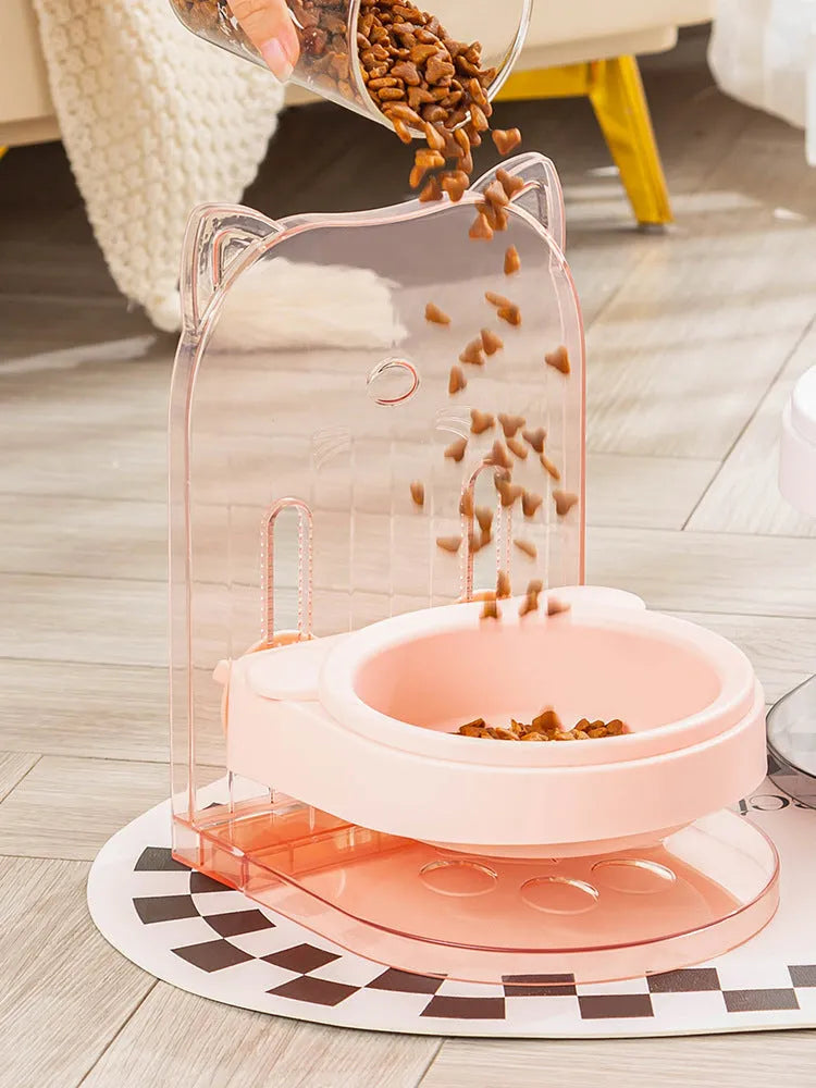 Grey pet bowl with cat ears design featuring adjustable height and anti-spill construction
