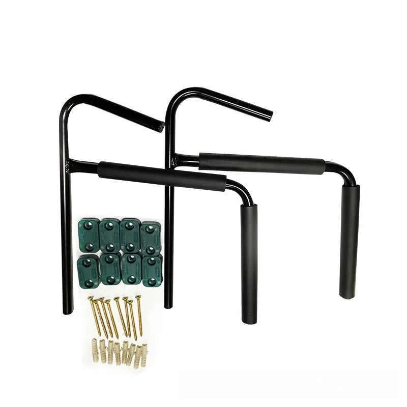 Carbon steel kayak and surfboard wall hanger storage rack mounted on a wall.