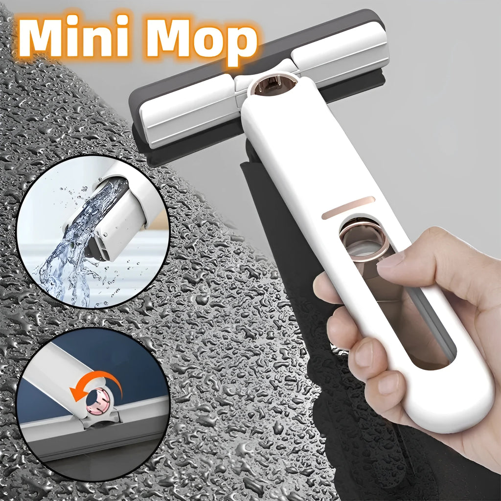 Portable mini squeeze mop with biodegradable cotton cleaning head and plastic handle