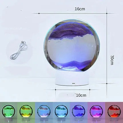 Creative 3D quicksand table lamp with glass shade and USB cable, showing touch control and coloured light options.