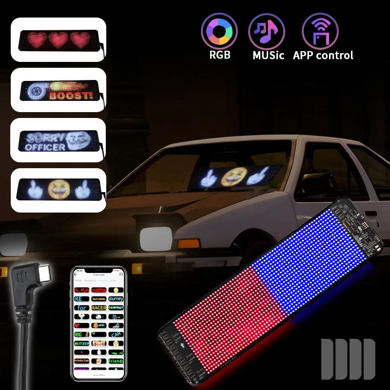 Black flexible Bluetooth LED screen for car rear windshield measuring 49.2 × 110cm