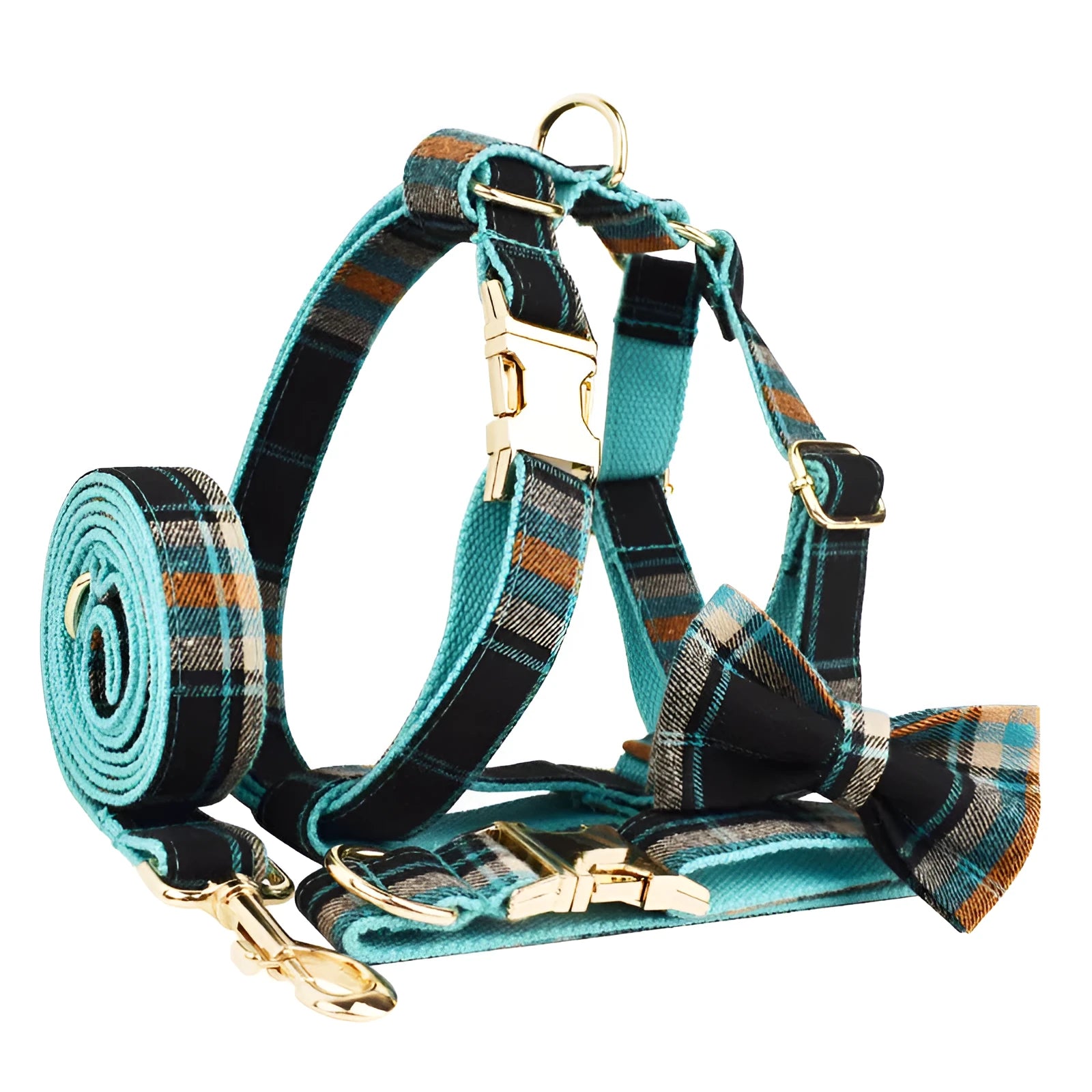 Green retro style cloth dog collar, leash, bow, and vest set displayed as a four-piece package.
