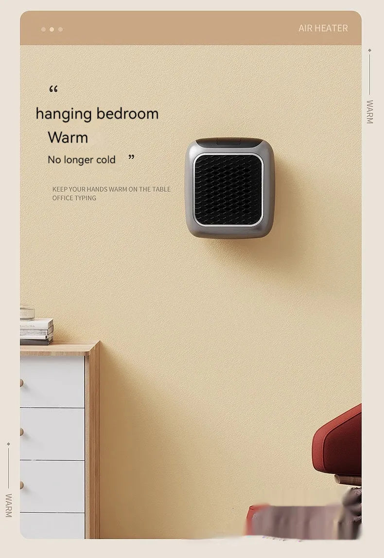 Mini wall-mounted PTC fan heater 800W in grey with digital temperature control and three fan speeds