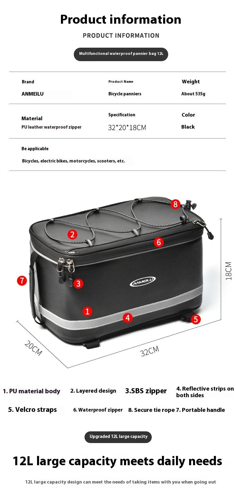 Black waterproof 12 litre car storage bag for bicycle rack equipment organisation