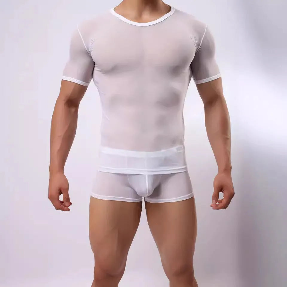 Men's slim fit mesh transparent t-shirt in solid colour on a model.