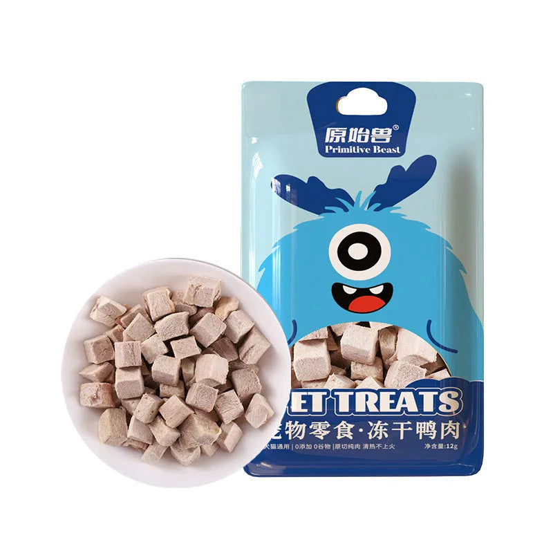 Freeze-dried chicken and egg yolk pet treats in individual packs for dogs and cats