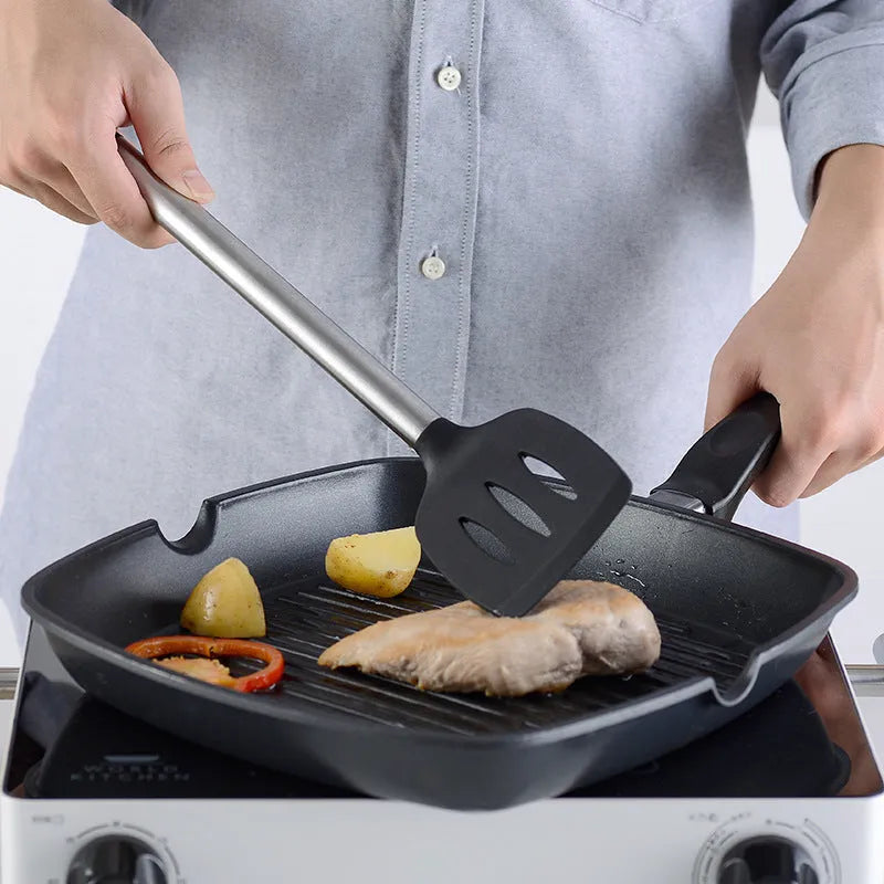 Black silicone spatula and spoon kitchen utensil set with stainless steel handles - 16 pieces
