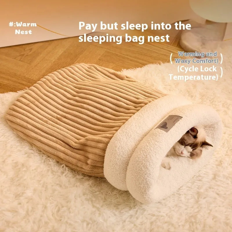 Brown plush pet sleeping bag with semi-enclosed design for cats