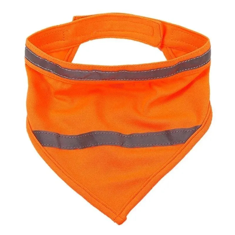 Yellow orange reflective dog bandana with adhesive strap shown on pet collar