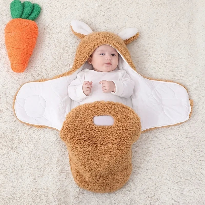 Baby wearing a grey adjustable fleece swaddle sleep sack with velcro wings