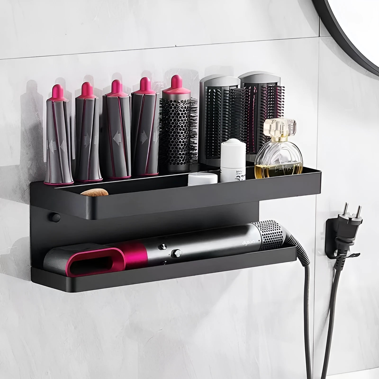 White double-layer aluminium punch-free bathroom storage rack for Marcel Waver curlers.