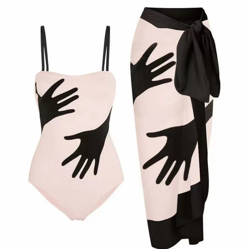 Women's patterned one-piece bikini swimsuit with tulle skirt overlay in polyester fabric