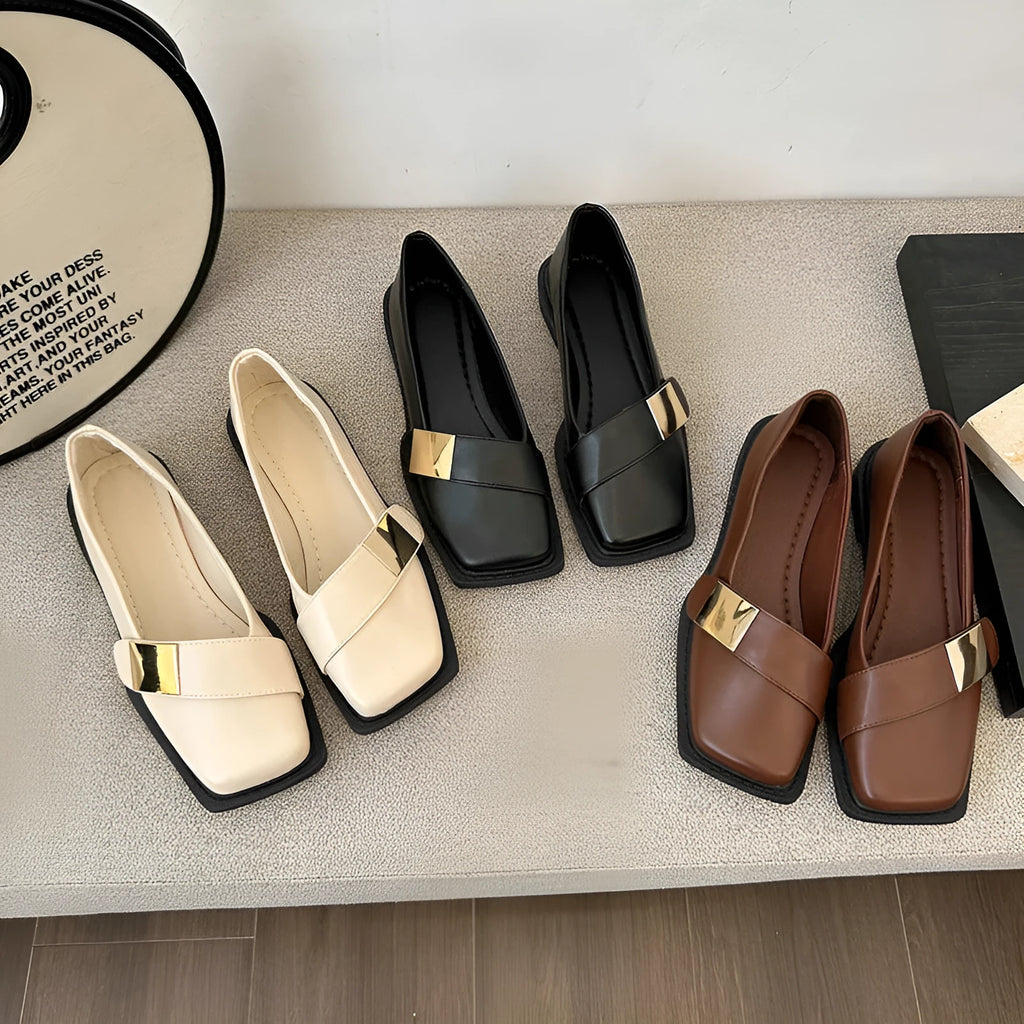 Women's square-toe flat-heeled shoes with metal buckle detail in beige, black and brown colours