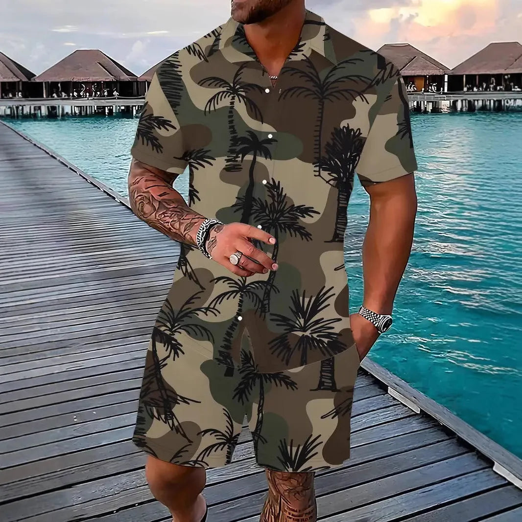 Men's Hawaiian 3D printed short sleeve shirt and matching shorts leisure set in a floral print.