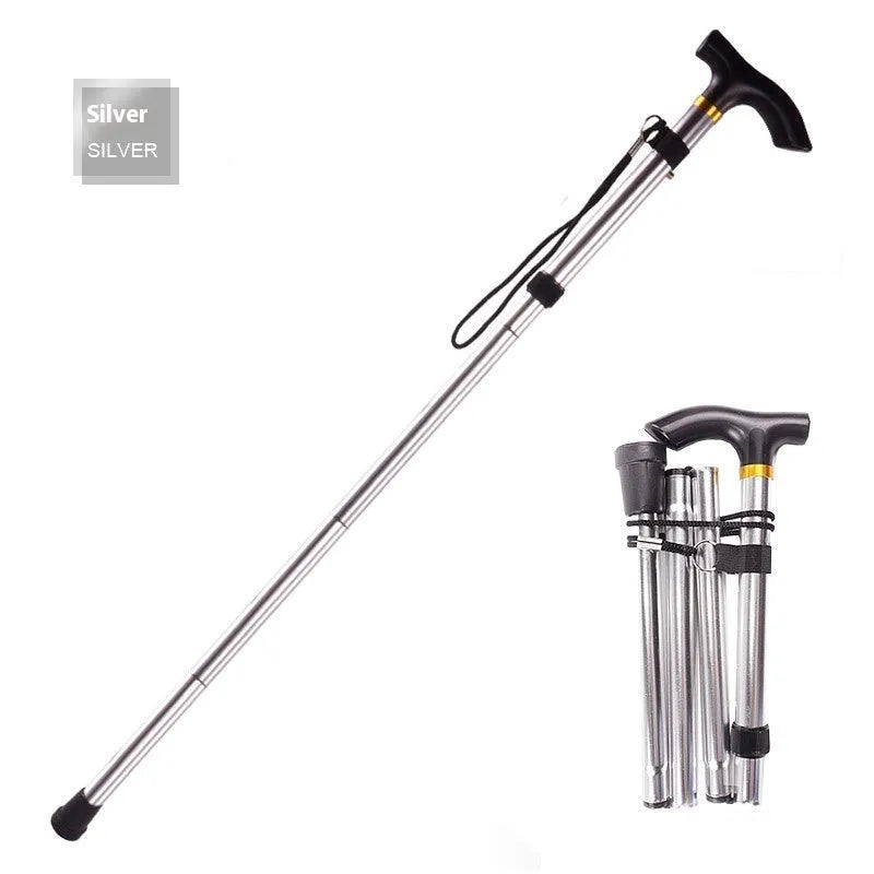 Aluminium alloy folding walking cane extended, showing adjustable sections and non-slip tip.