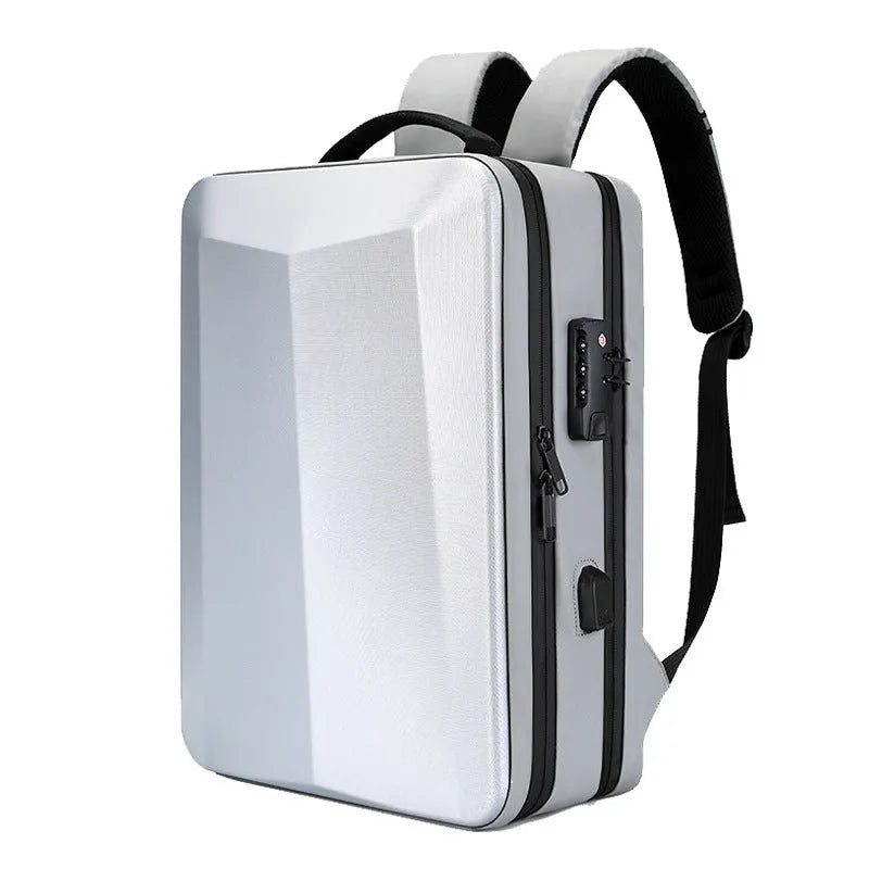 A black men's business backpack made of ABS PC and Oxford cloth, shown with curved shoulder straps.