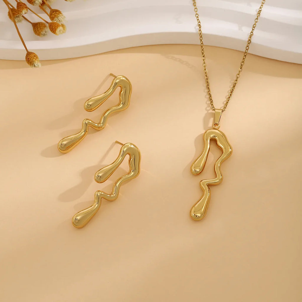 Geometric leaves texture flower love heart earrings and necklace set with stainless steel pendant and regular chain