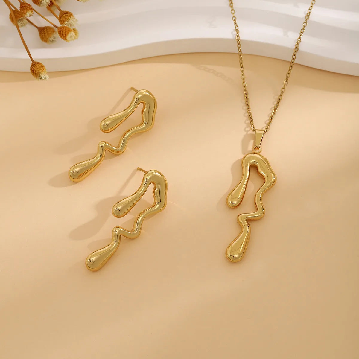 Geometric leaves texture flower love heart earrings and necklace set with stainless steel pendant and regular chain