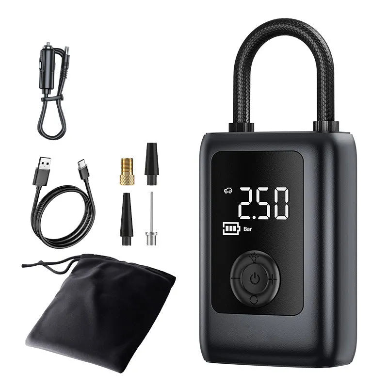 Car portable electric gas filling bag air pump with tyre pressure gauge and LED light on a dark background