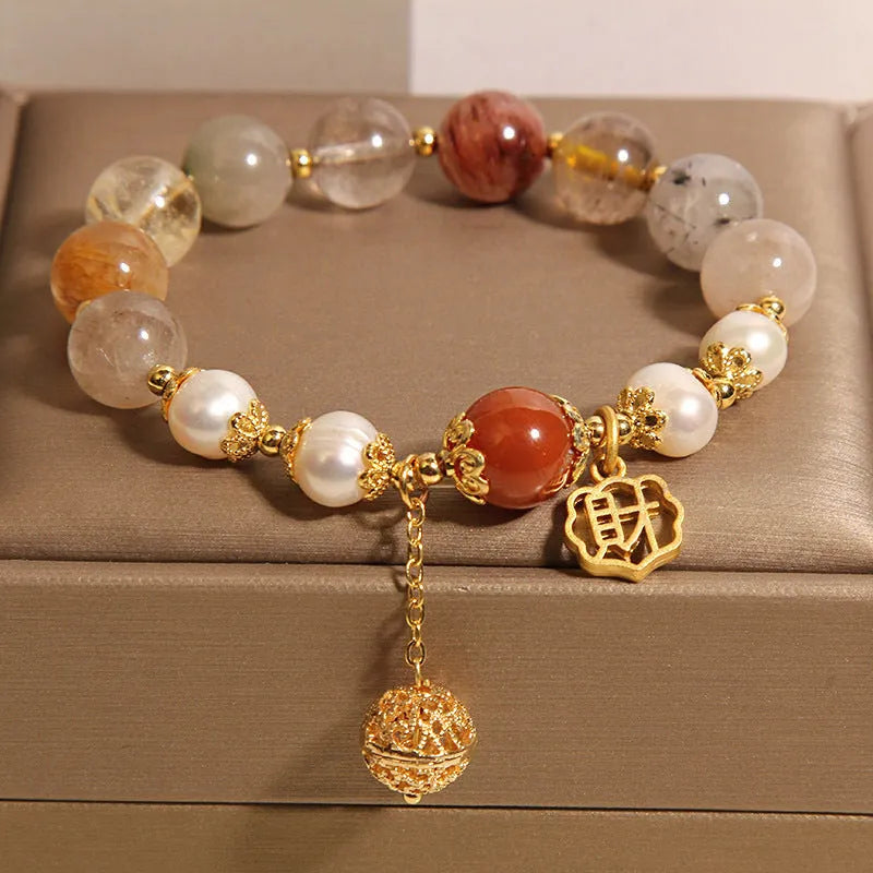 Natural colour hair crystal pearl bracelet for women with Chinese character Cai charm