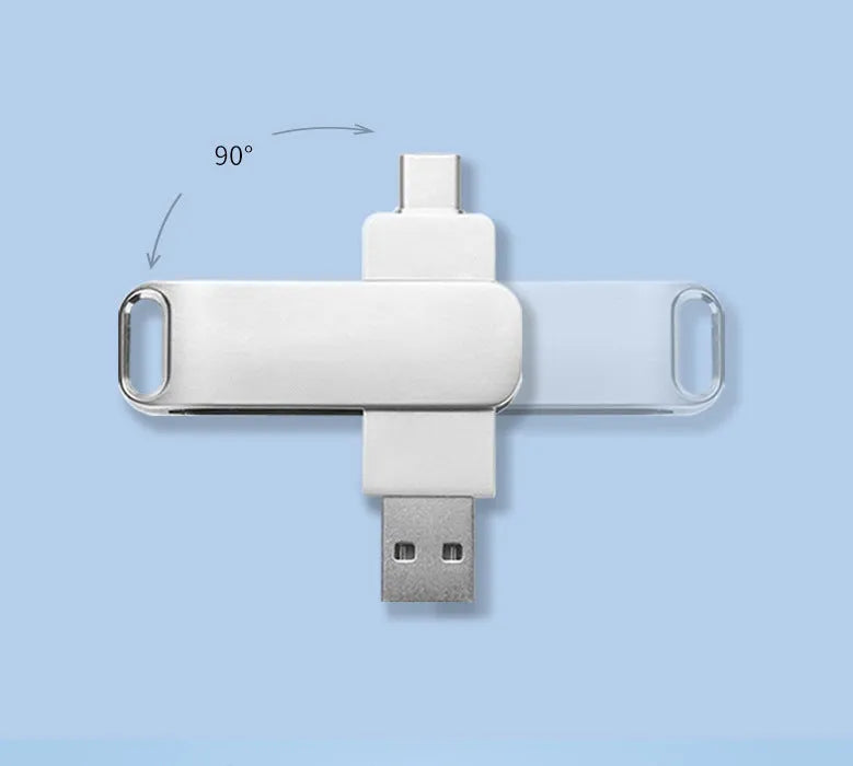 Rotating metal USB flash drive showing black and silver colour options with Type-C and standard USB connectors