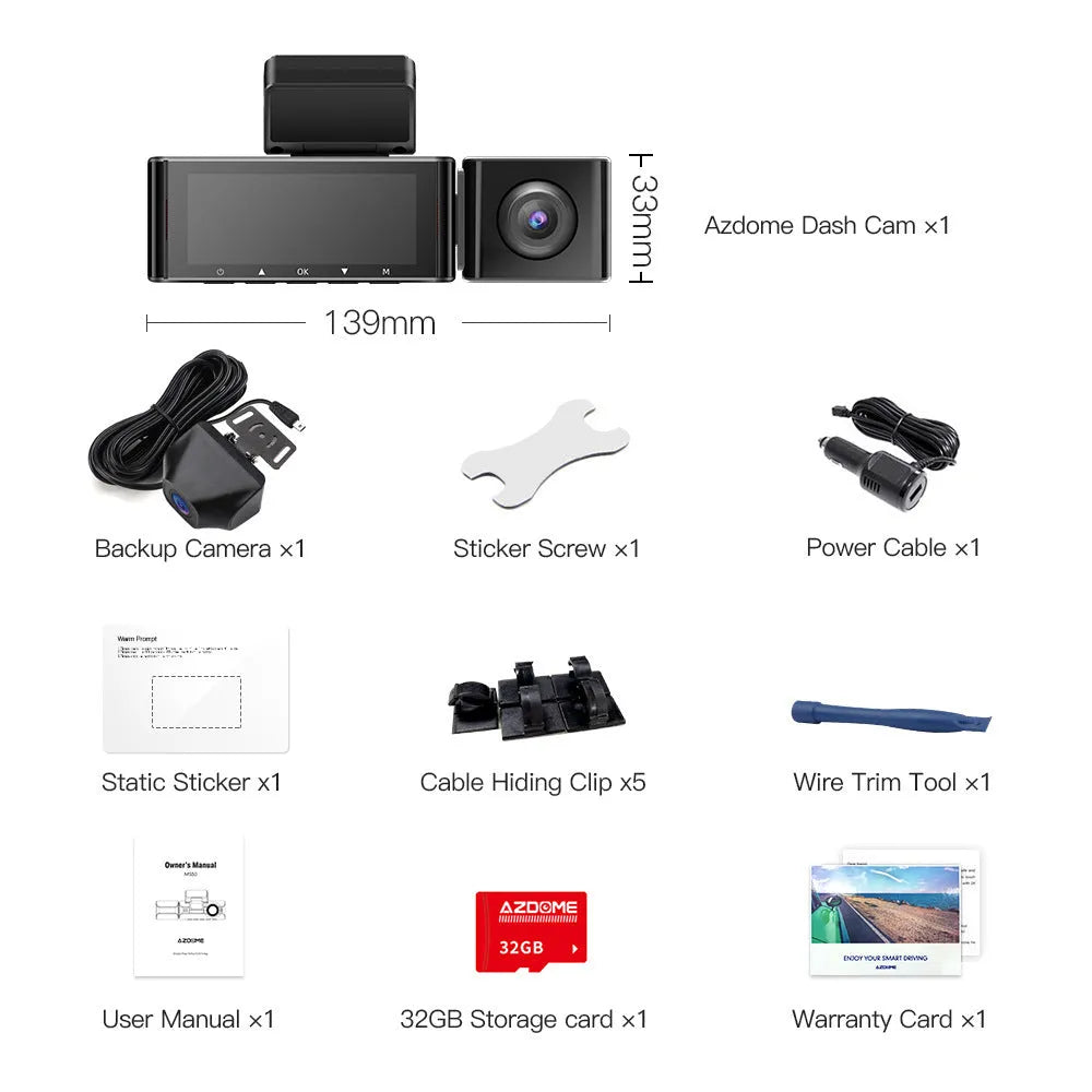 Front and rear view of a dual-lens car dash camera with 3-inch screen mounted on bracket