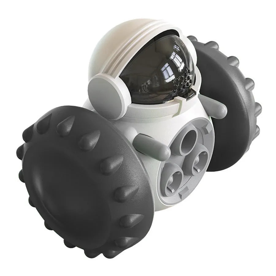 Self-balancing dog treat dispenser toy for small pets in robot design with roller system