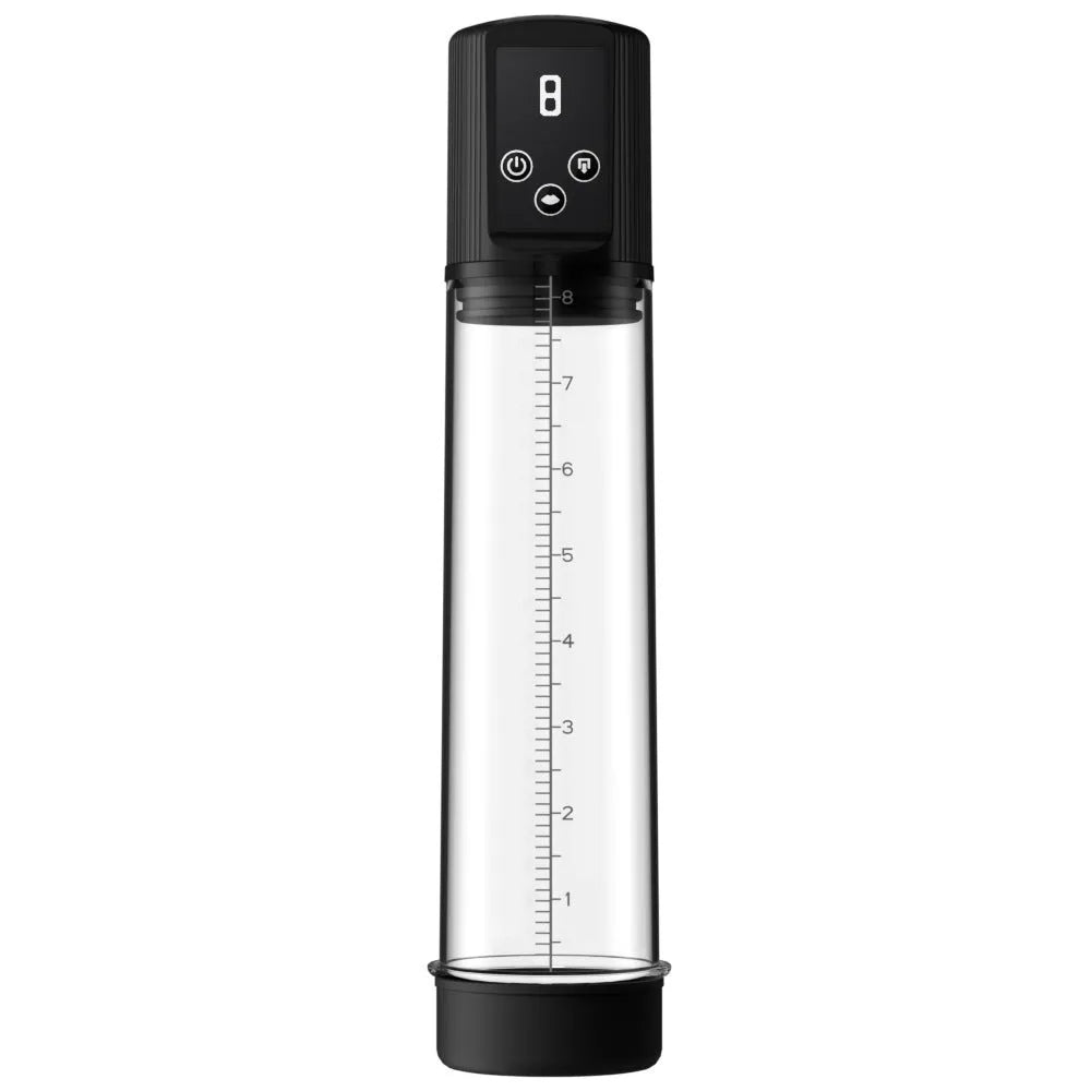 Electric pump unit for a male training masturbation device made from black ABS and TPE materials.