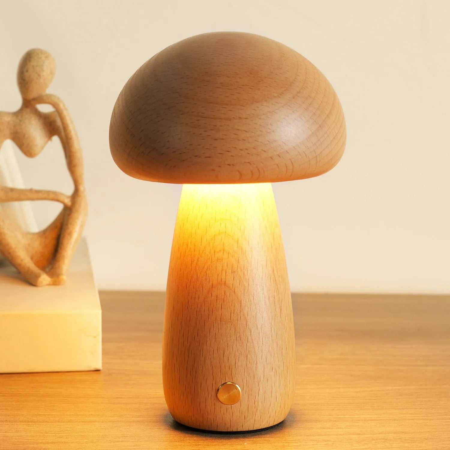Solid wood mushroom ambience LED table lamp in natural beech colour with button switch